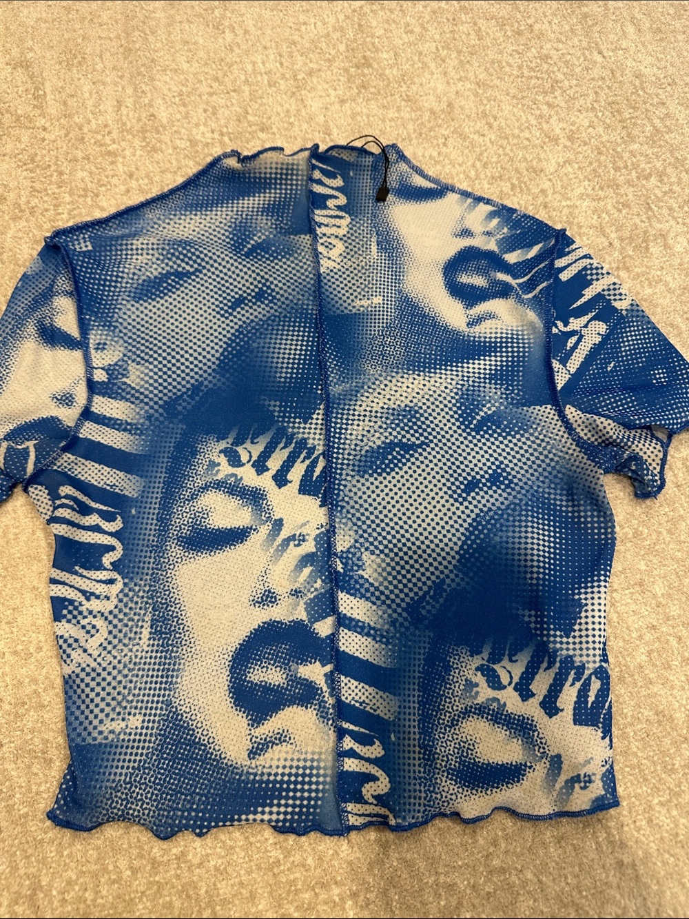 Blue Sheer Graphic Mesh Top with Face Print